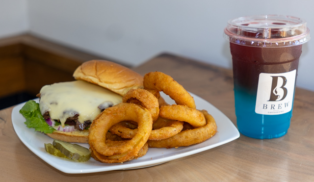 Brew burger, onion rings, and signature refresher