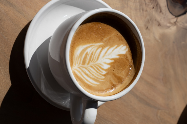 Freshly poured Brew latte with leaf art